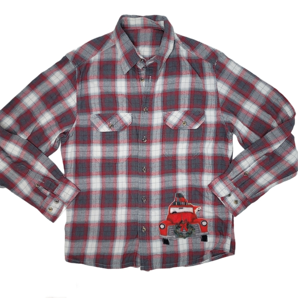 Plaid long sleeve double breast pocket custom button up shirt. XL